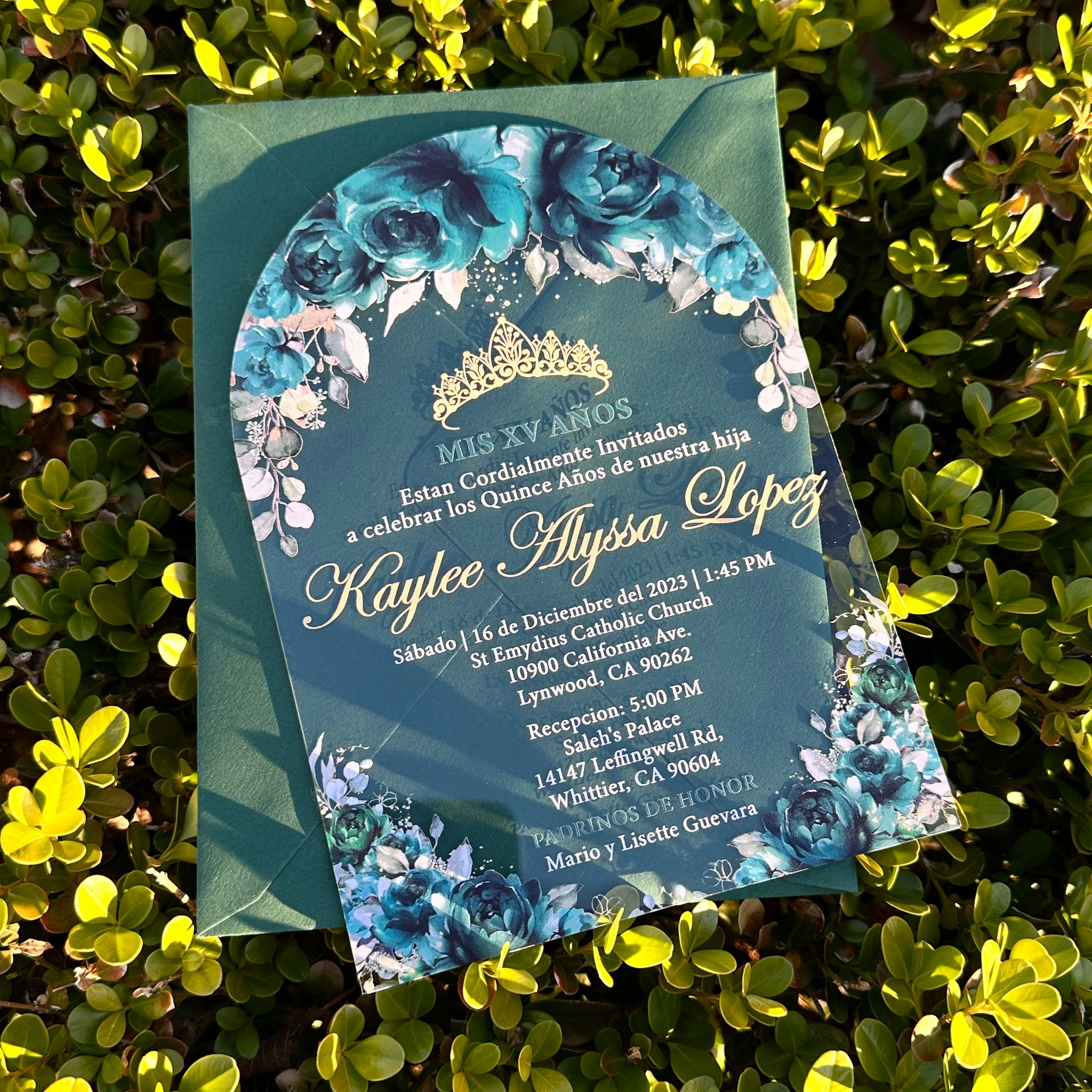 Emerald Green Floral and Gold Crown Arched Shaped Acrylic Invitation