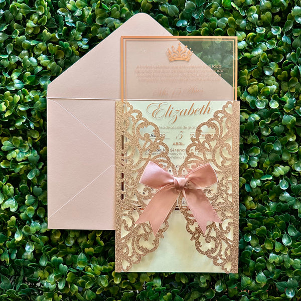 Rose Gold Foiled Acrylic Quinceañera Invitation with Glitter Laser Cut Sleeve & Bow