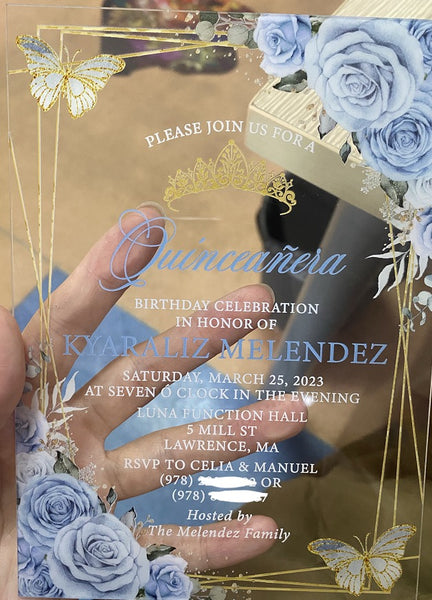 Light Blue Floral Butterflies and Gold Geometric Acrylic Invitation