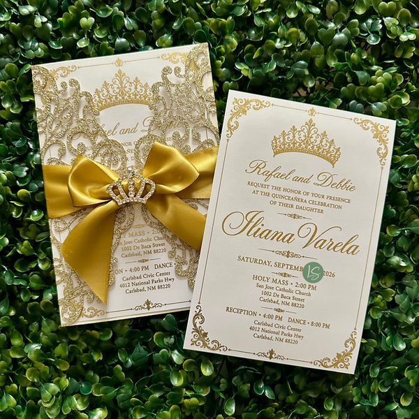 Gold Glitter Laser Cut & Foiled Insert Crown Embellishment Quinceañera Invitation