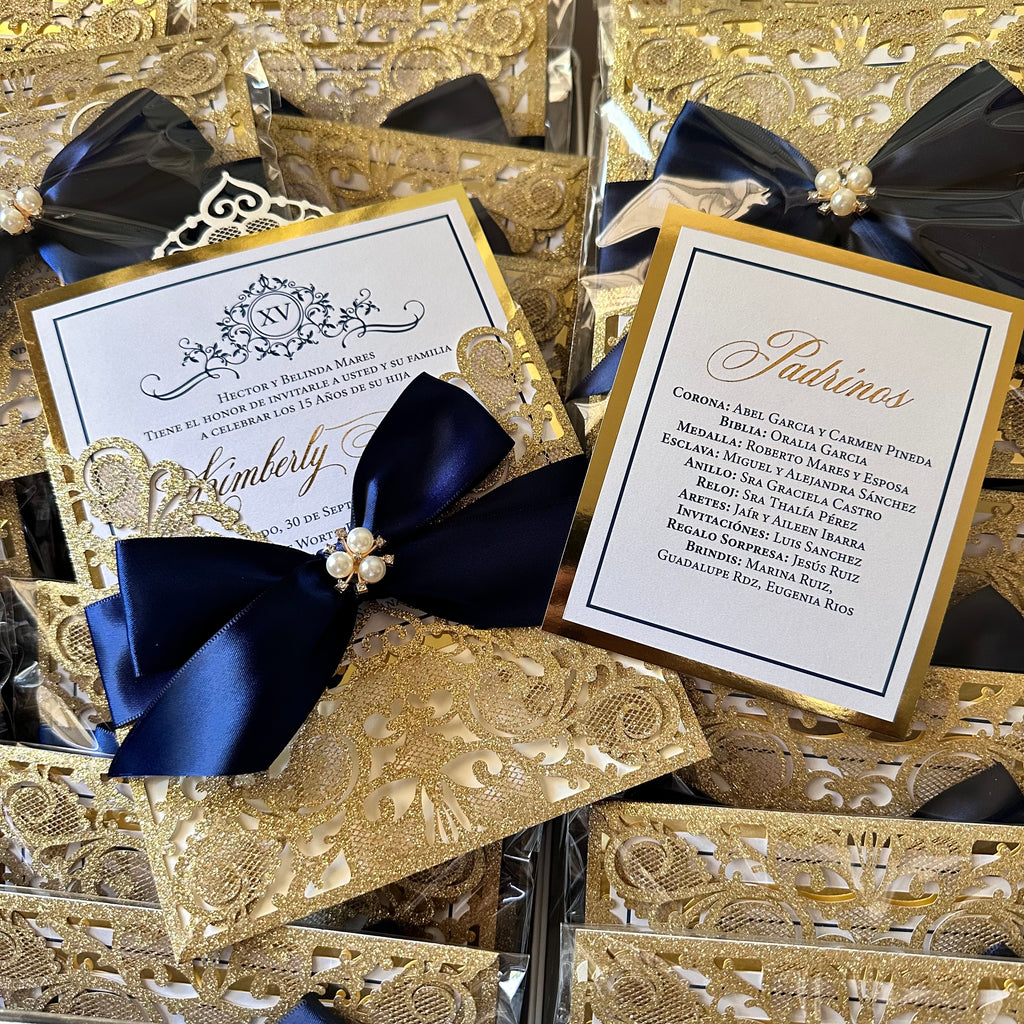 Pearl Insert Card Gold Glitter and Navy Blue Pearl Bow Laser Cut Invitations with Gold M ...