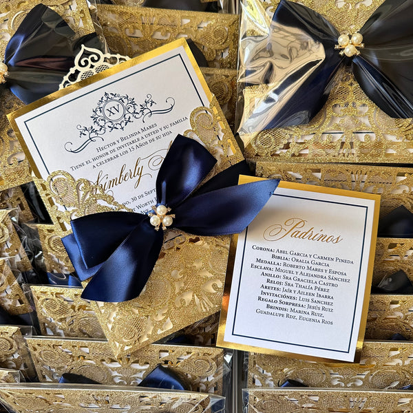 Gold Glitter and Navy Blue Pearl Bow Laser Cut Invitations with Gold Mirror Foiled Insert Cards