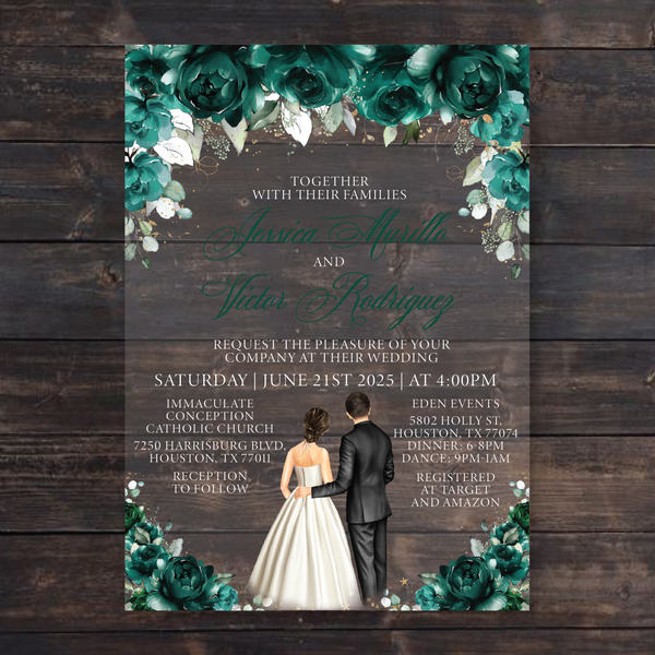 Emerald Green Floral Roses Acrylic Wedding Invitation