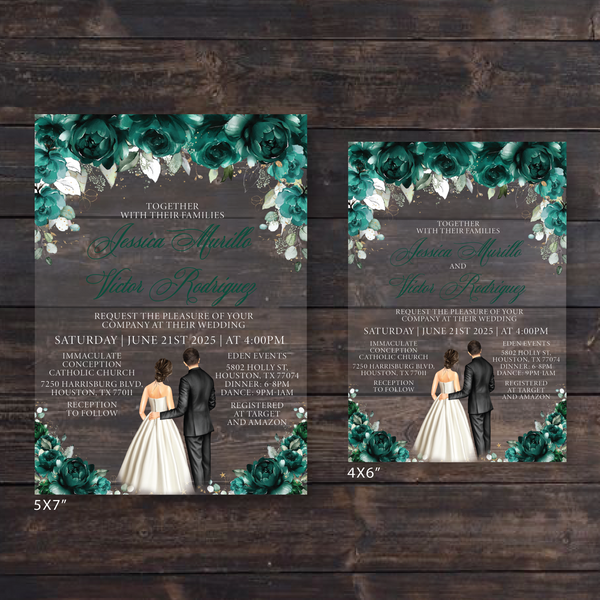 Emerald Green Floral Roses Acrylic Wedding Invitation