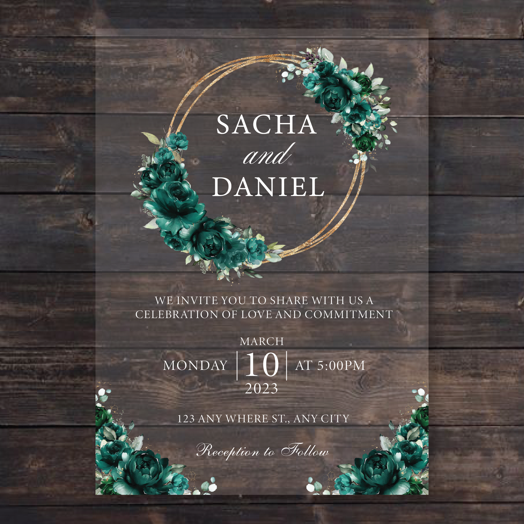 Emerald Green Floral & Gold Round Frame Acrylic Invitation