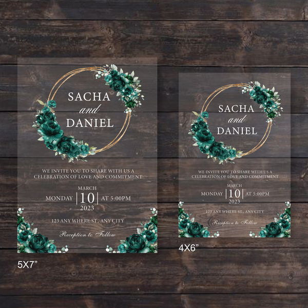 Emerald Green Floral & Gold Round Frame Acrylic Invitation