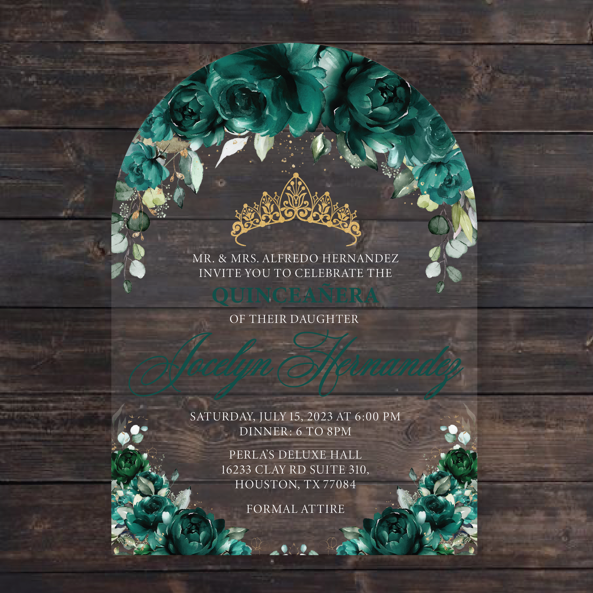 Emerald Green Floral and Gold Crown Arched Shaped Acrylic Invitation