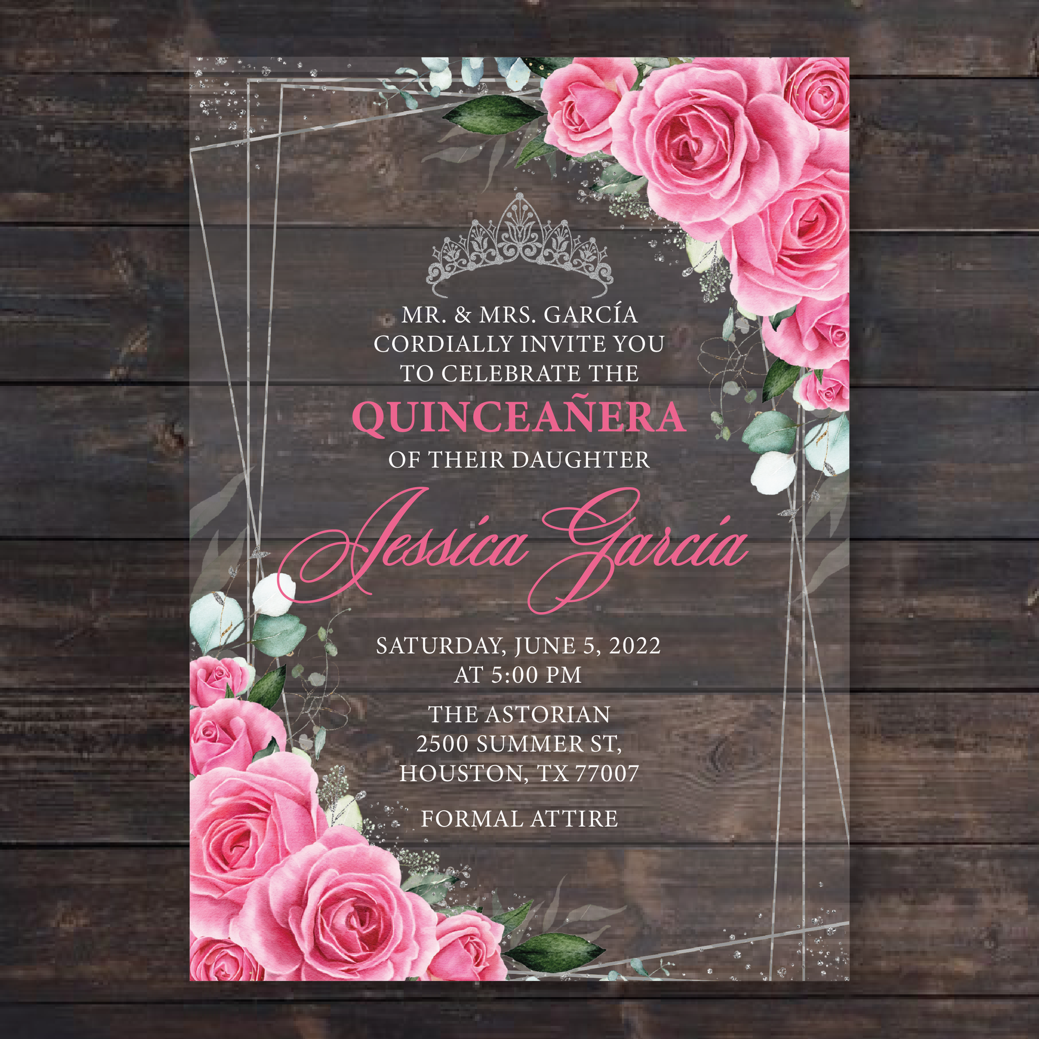 Fuchsia Hot Pink and Silver Floral Acrylic Invitations