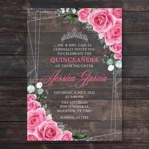 Fuchsia Hot Pink and Silver Floral Acrylic Invitations