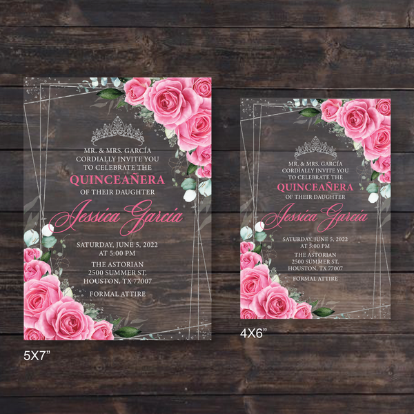 Fuchsia Hot Pink and Silver Floral Acrylic Invitations