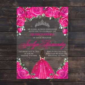 Fuchsia Hot Pink Floral and Silver Quinceanera Dress Acrylic Invitations