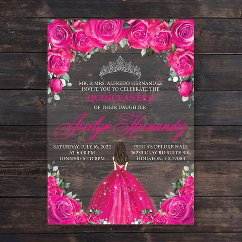 Fuchsia Hot Pink Floral and Silver Quinceanera Dress Acrylic Invitations