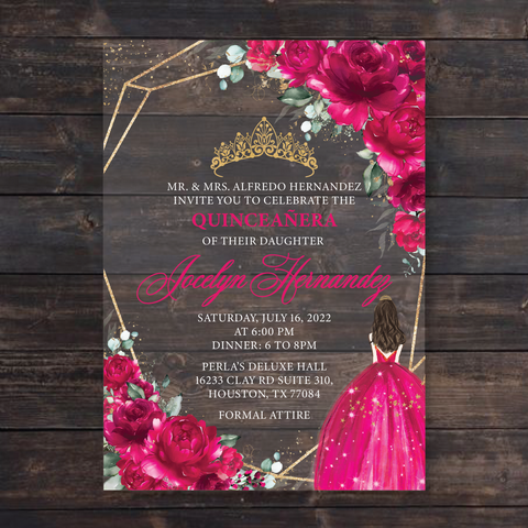 Fuchsia Hot Pink Florals and Geometric Gold Frame Acrylic Invitation