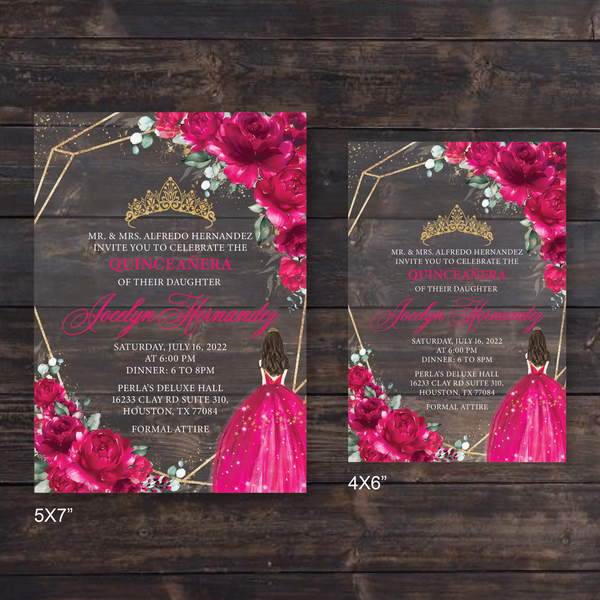 Fuchsia Hot Pink Florals and Geometric Gold Frame Acrylic Invitation