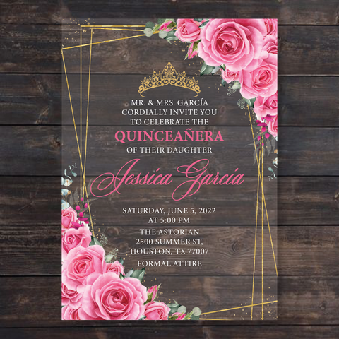 Fuchsia Hot Pink and Gold Floral Acrylic Invitations