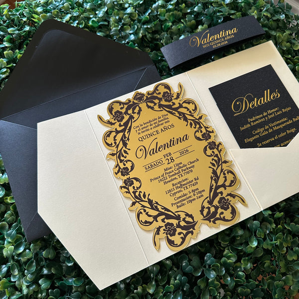 Luxury Pocket Rose Gold Mirror Acrylic Invitations with Foiled Inserts