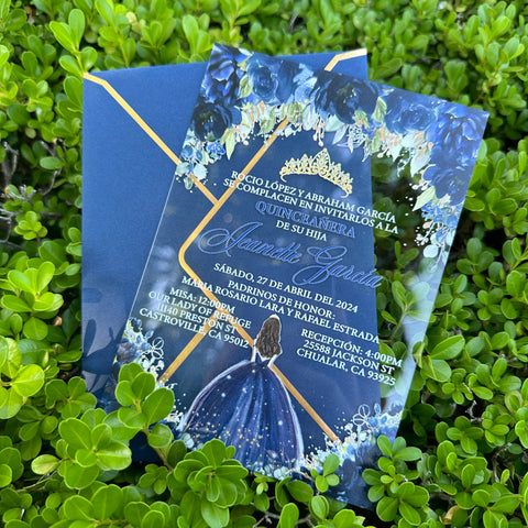 Navy Blue Floral Roses & Gold Crown Quinceanera Acrylic Invitation