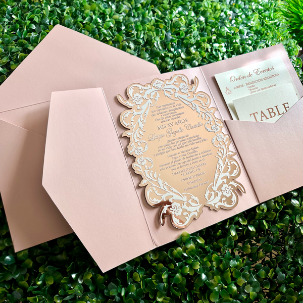 Luxury Pocket Rose Gold Mirror Acrylic Invitations with Foiled Inserts