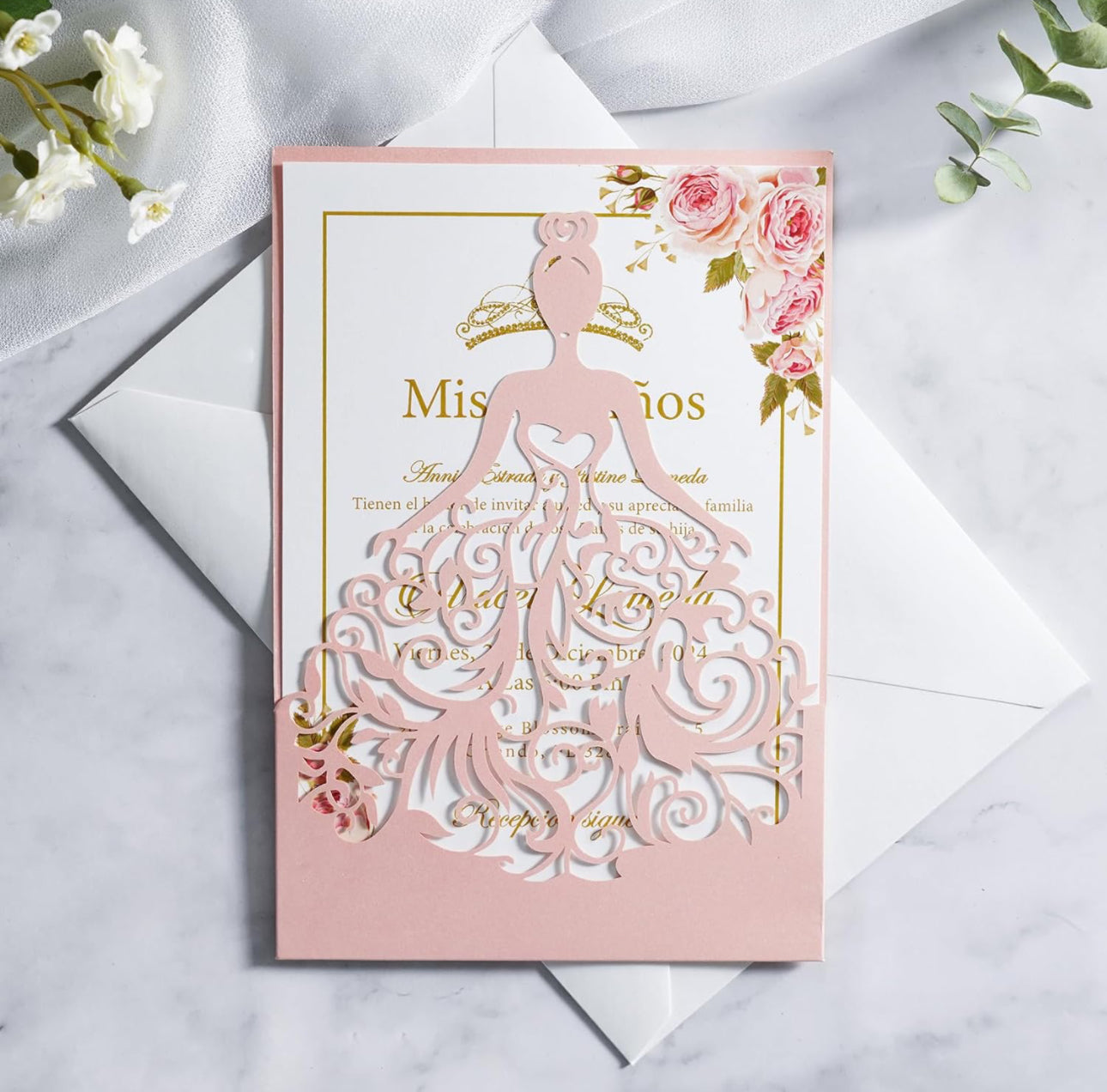 laser cut dress invitations Ball Gown Shaped Laser Cut Quinceaera Invitation (Sample)