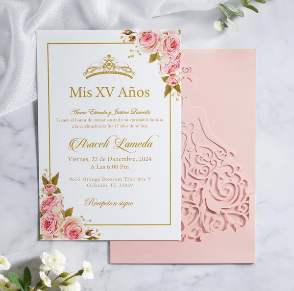 Light Pink Blush Quinceanera Dress Laser Cut Invitations