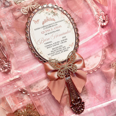 Luxury Hand Mirror Invitations with Organza Bags