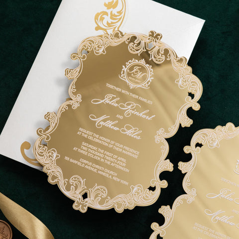 Elegant Fancy Shape Gold Mirror Acrylic Invitations With Chic White Pattern