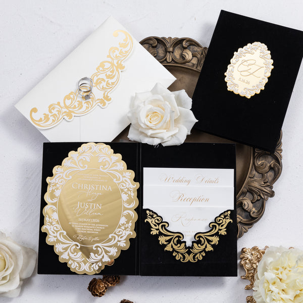 Luxury Gold Mirror Acrylic & Velvet Pocket Invitation