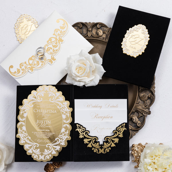 Luxury Gold Mirror Acrylic & Velvet Pocket Invitation