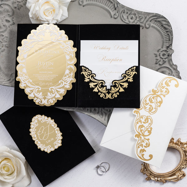 Luxury Gold Mirror Acrylic & Velvet Pocket Invitation