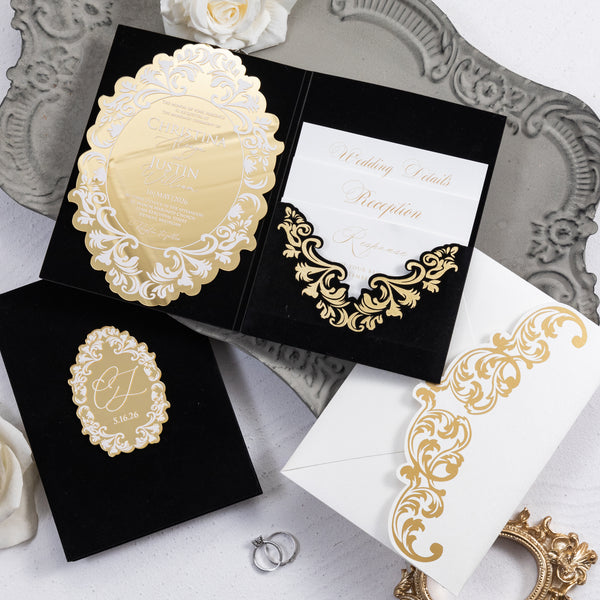 Luxury Gold Mirror Acrylic & Velvet Pocket Invitation