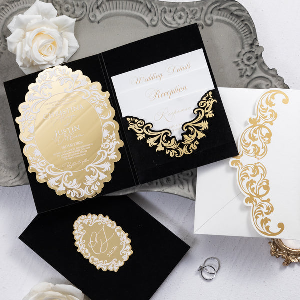 Luxury Gold Mirror Acrylic & Velvet Pocket Invitation