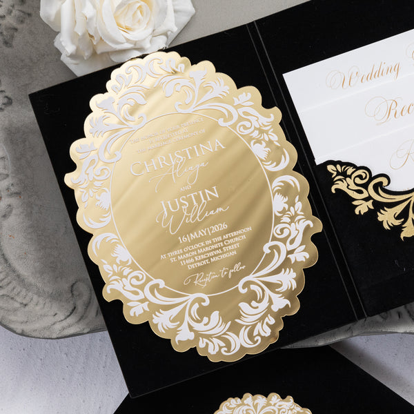 Luxury Gold Mirror Acrylic & Velvet Pocket Invitation