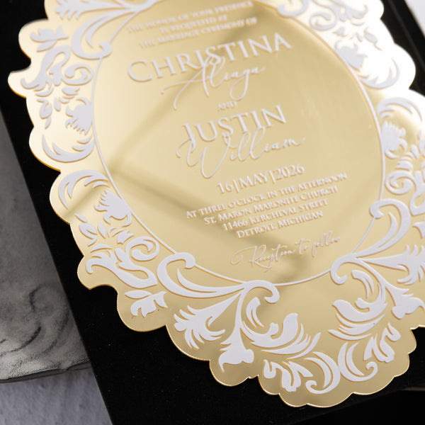 Luxury Gold Mirror Acrylic & Velvet Pocket Invitation