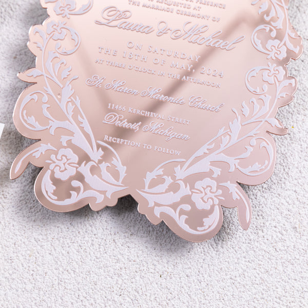 Elegant Floral Shape Rose Gold Mirror Acrylic Invitation With Chic White Pattern