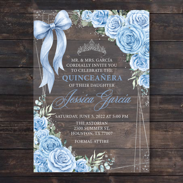 Light Blue Floral Blue Bow and Silver Geometric Acrylic Invitations