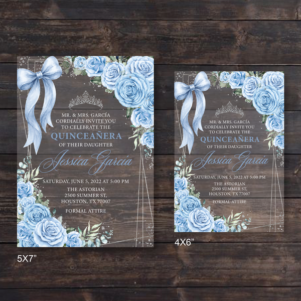 Light Blue Floral Blue Bow and Silver Geometric Acrylic Invitations