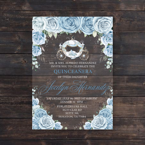 Light Blue Floral Roses Carriage Quinceanera Acrylic Invitation