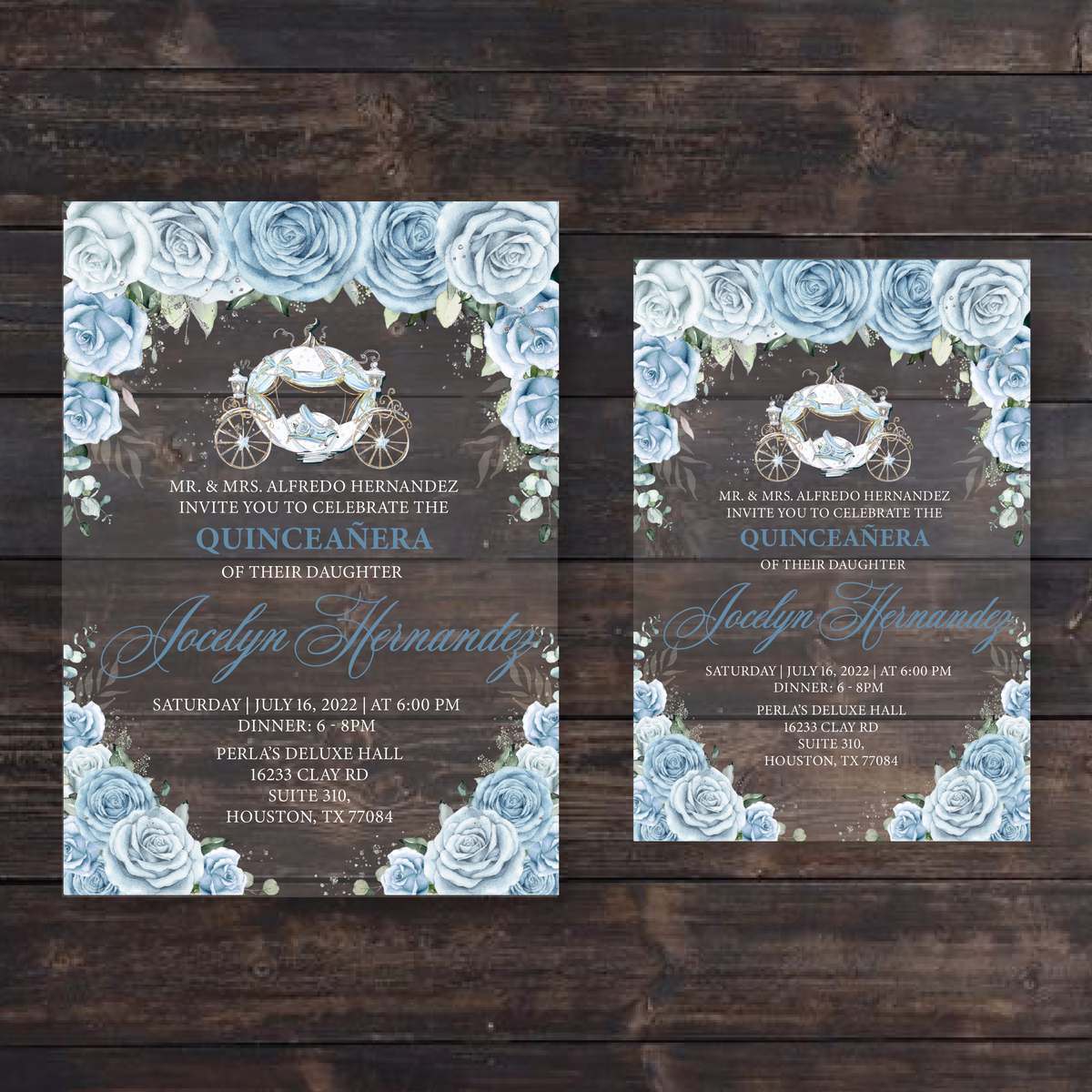 Light Blue Floral Roses Carriage Quinceanera Acrylic Invitation ...