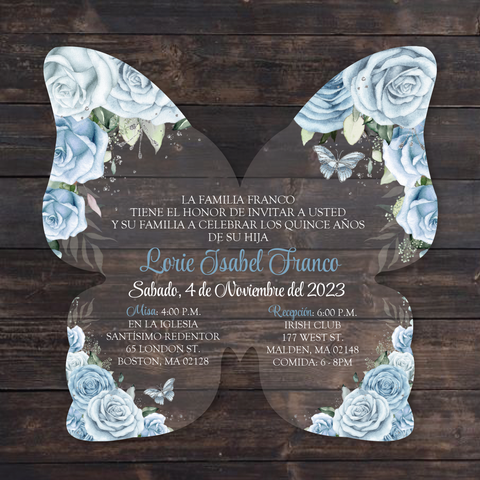 Light Blue and Silver Floral Butterfly Shaped Acrylic Invitation