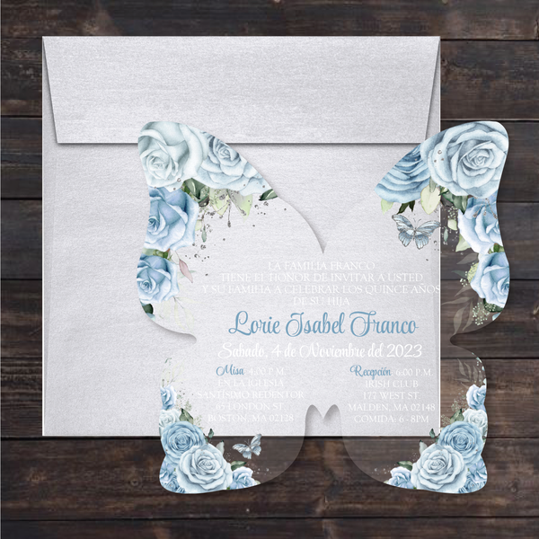 Light Blue and Silver Floral Butterfly Shaped Acrylic Invitation