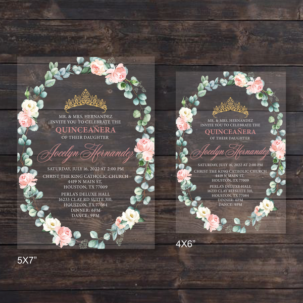Light Pink and Ivory Greenery Round Frame Floral Acrylic Invitation