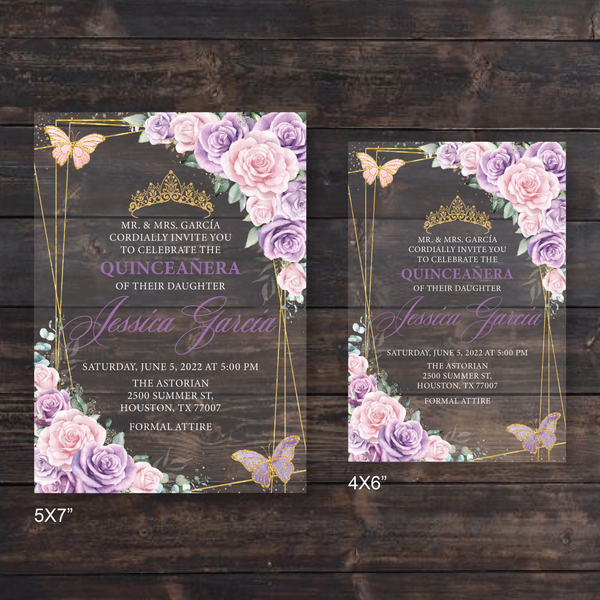 Light Purple and Pink Roses Butterflies and Gold Geometric Acrylic Invitations