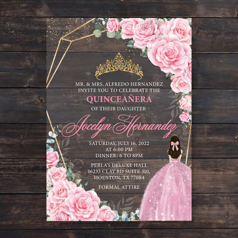 Pink Rose Florals and Geometric Gold Frame Acrylic Invitation