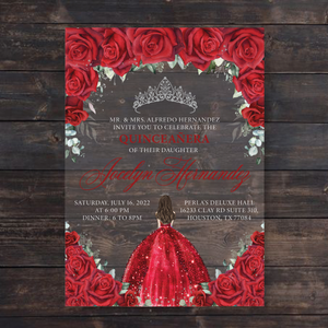 Red Floral Roses and Silver Crown Acrylic Invitation