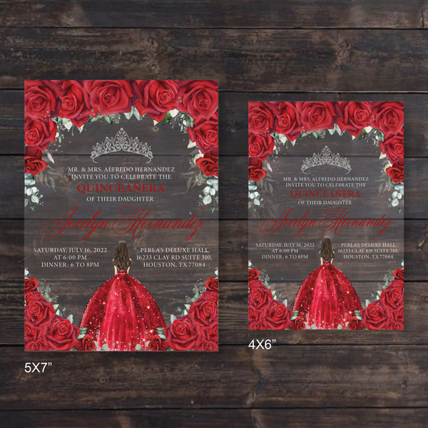 Red Floral Roses and Silver Crown Acrylic Invitation