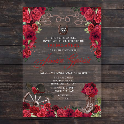 Red Rose Floral Western Acrylic Invitations