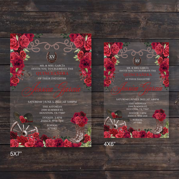 Red Rose Floral Western Acrylic Invitations