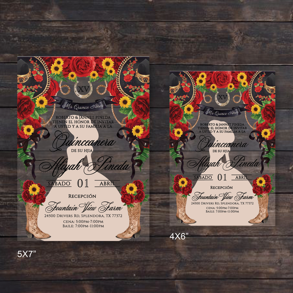 Red Roses and Sunflowers Mexican Charro Theme Acrylic Invitation