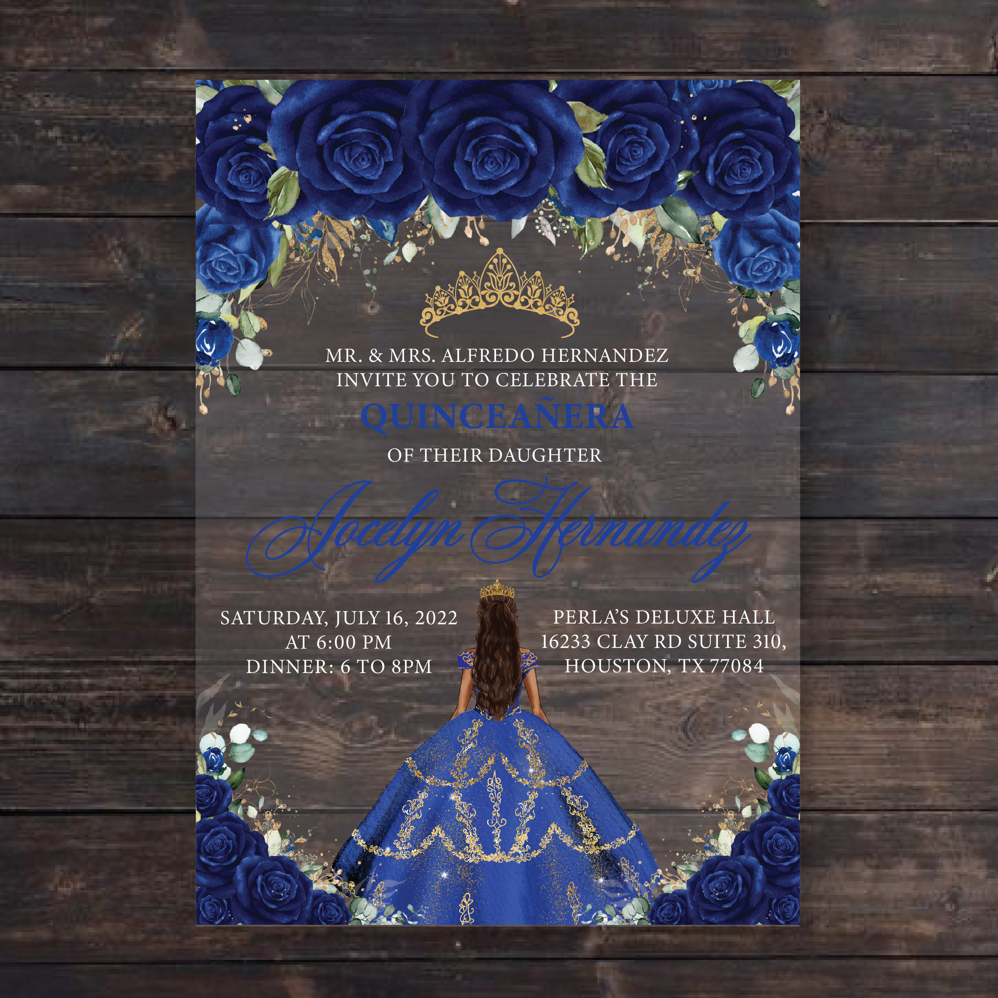 Royal Blue Roses and Gold Quinceanera Dress Acrylic Invitations Invitations by Luis Sanchez Royal Blue Roses and Gold Quinceanera Dress Acrylic Invitations Invitations by Luis Sanchez