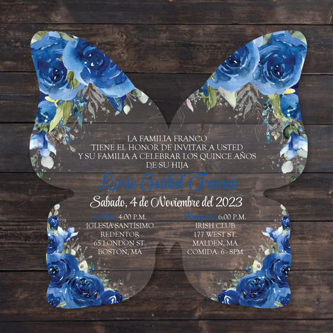 Royal Blue and Silver Floral Butterfly Shaped Acrylic Invitation